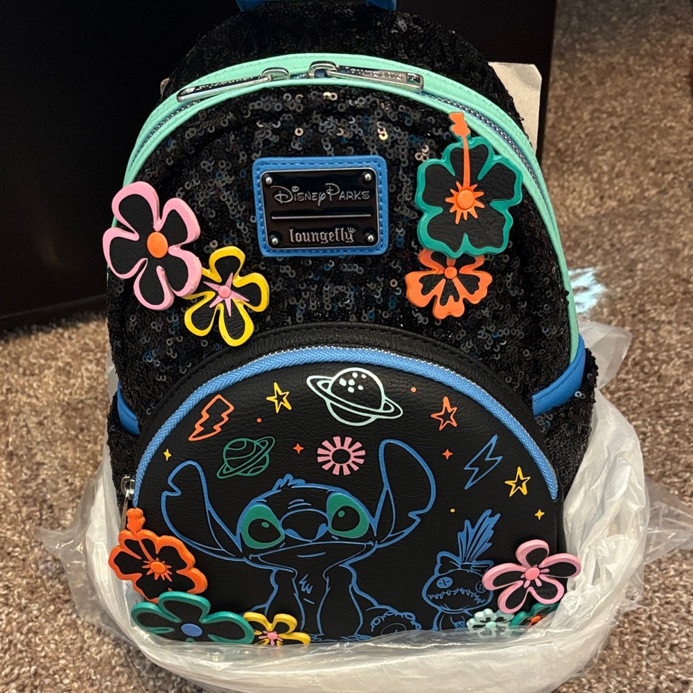 Loungefly Black and Blue Stitch Backpack with Floral Accents
